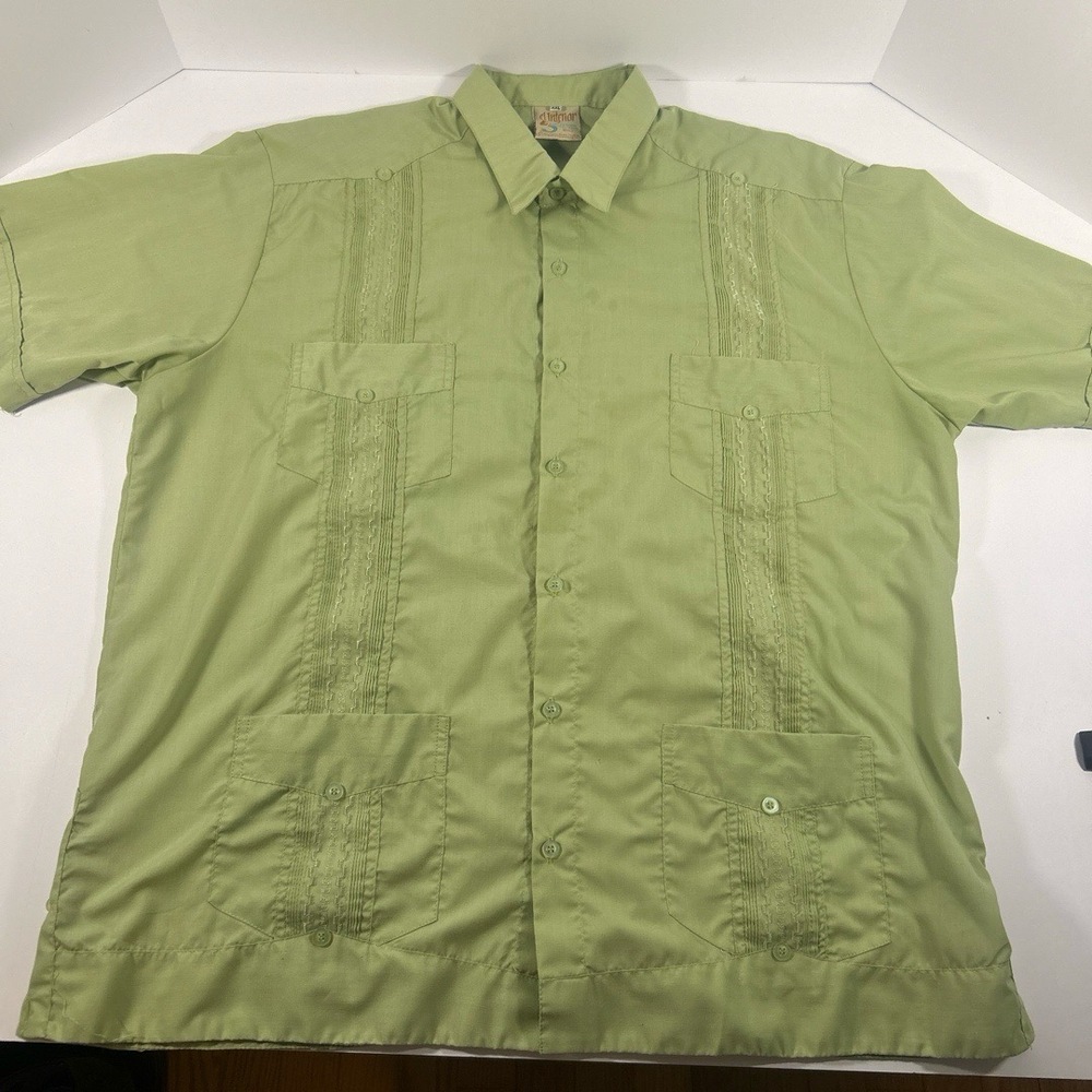 El Interior Mens Guayabera Shirt Size XXL Green Pleated Pockets